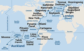 53-Day World Cruise Liner - London (Dover) to Auckland Itinerary Map